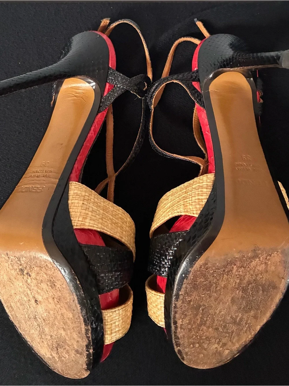 Fendi Multicolor Stiletto Sandals in Red, Black & Tan